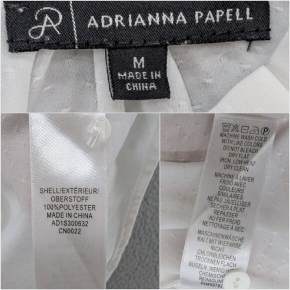 Adrianna Papell Clip Dot Blouse Womens White Long Sleeve Pleated Neck Top Sz M - Picture 5 of 8